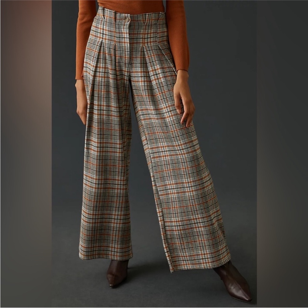 Maeve Anthropologie Pleated Knit Pants Cream Brown Wide Leg Trouser